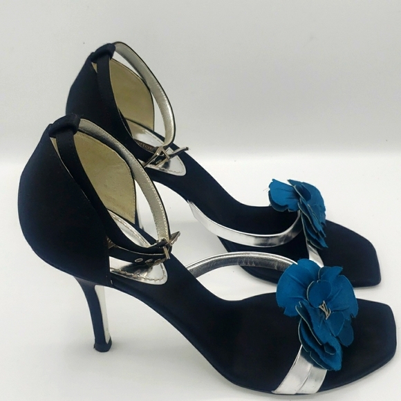 LOUIS VUITTON SIZE 39 OR US 9 COLOR BLACK SATIN SILVER LEATHER AQUA BLUE USED 2X - Picture 7 of 14